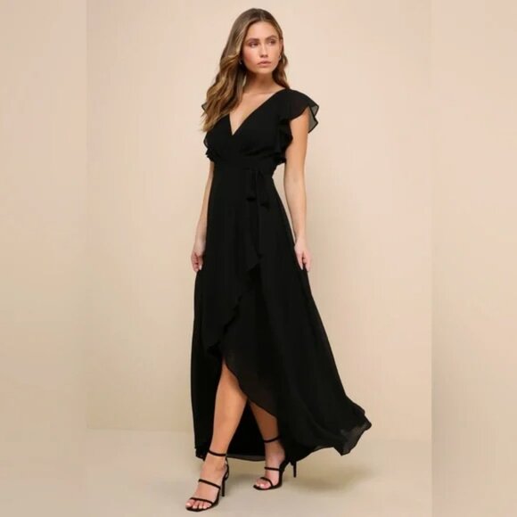 NWT Lulus Ravishing Charm Black Ruffled Wrap High-Low Maxi Dress - Picture 4 of 5